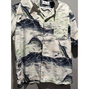 Sun Casuals Men’s Hawaiian Shirt L Marlin Fishing Ocean Scene Sporty Athleisure